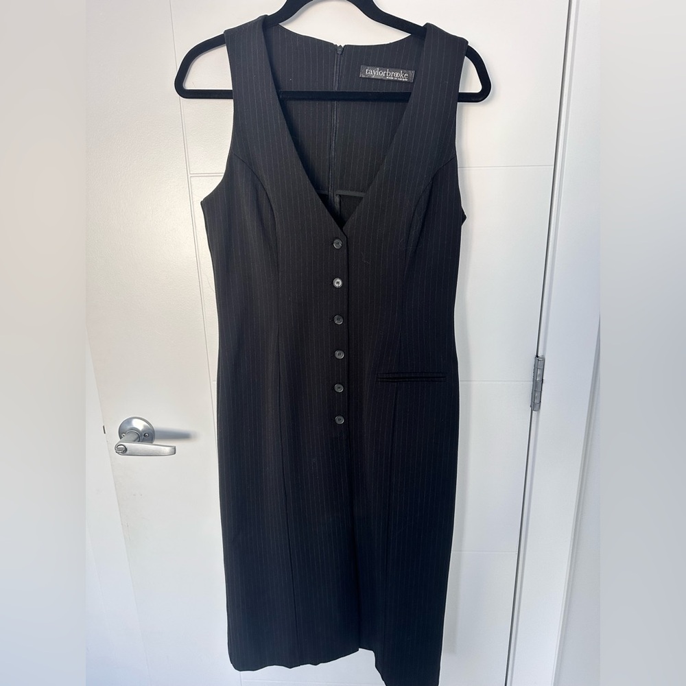 Taylor Brooke Pinstripe Button-Front Midi Dress – Black, Made in Canada